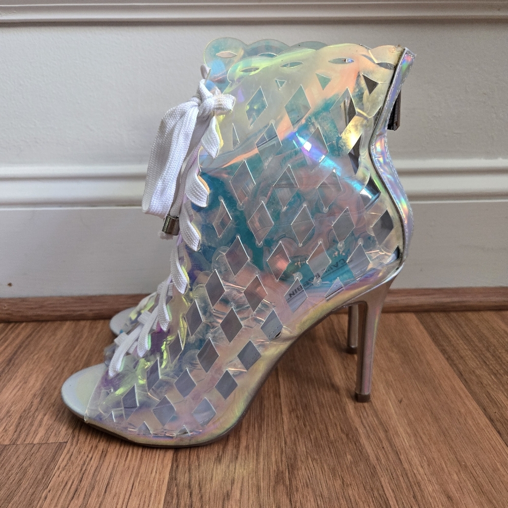 Cape Robbin clear iridescent lace-up booties ankle boots high heels 7.5 stiletto - Picture 3 of 10